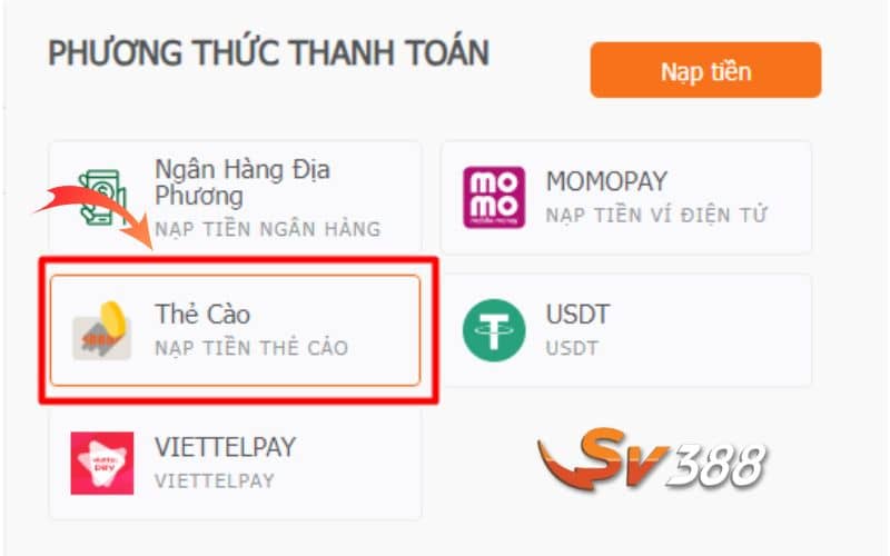 Chọn thẻ cào từ các phương thức nạp tiền SV388 Chọn thẻ cào từ các phương thức nạp tiền SV388