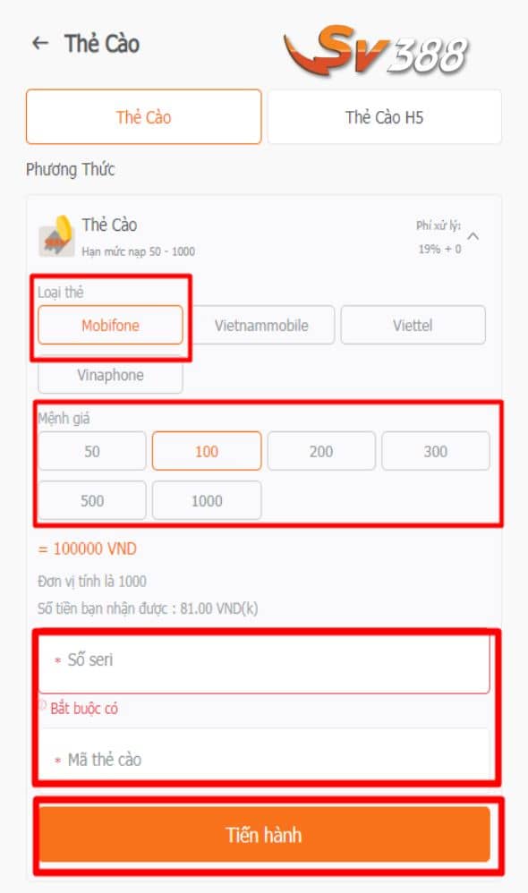 Nhập số tiền cần nạp và điền số seri và mã thẻ cào để tiến hành nạp Nhập số tiền cần nạp và điền số seri và mã thẻ cào để tiến hành nạp