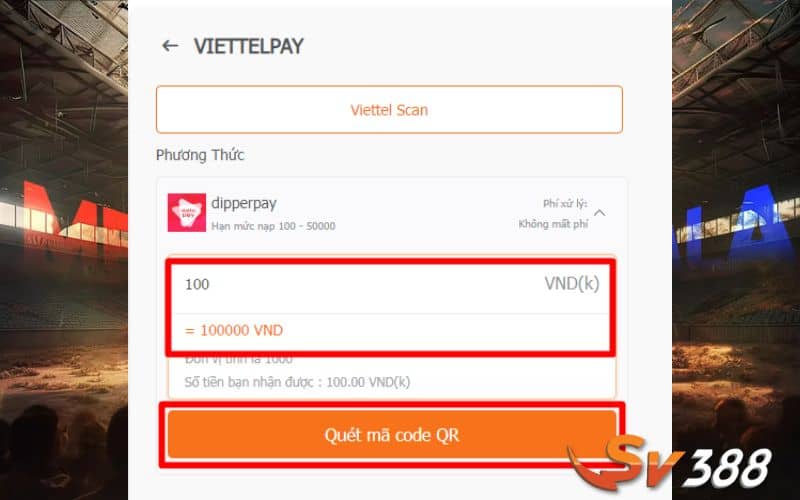 Nhập số tiền cần nạp và nhấn chọn quét mã code QR Nhập số tiền cần nạp và nhấn chọn quét mã code QR