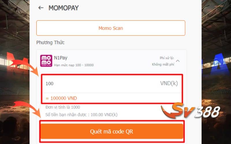 Nhận số tiền muốn nạp và chọn quét mã code QR Nhận số tiền muốn nạp và chọn quét mã code QR
