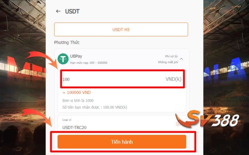 Nhập số tiền tối thiểu cần nạp và nhấn tiến hành Nhập số tiền tối thiểu cần nạp và nhấn tiến hành