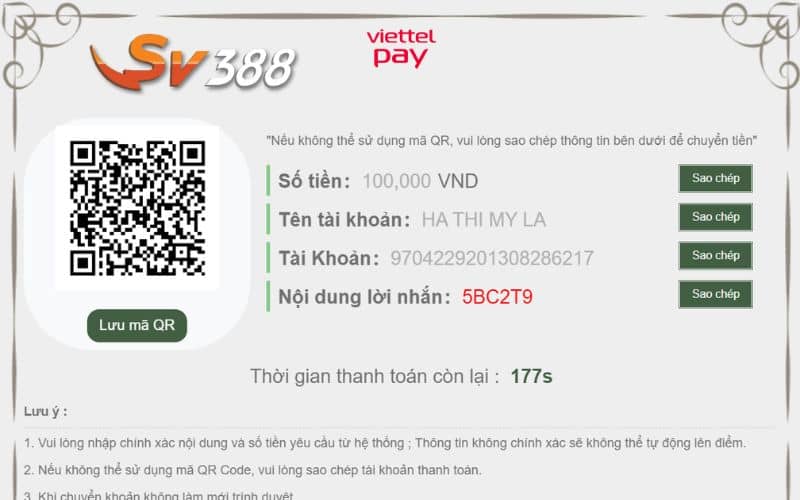 Thực hiện quét mã QR hoặc chuyển tiền qua các thông tin ViettelPay của nhà cái Thực hiện quét mã QR hoặc chuyển tiền qua các thông tin ViettelPay của nhà cái